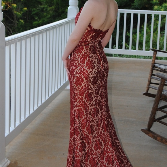 Rose red and cream prom evening gown - Picture 2 of 3